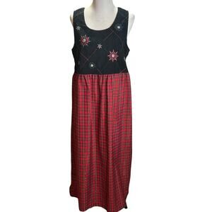 Bobbie Brooks Christmas Maxi Dress Plaid Embroidered Snowflakes Women L Y2K